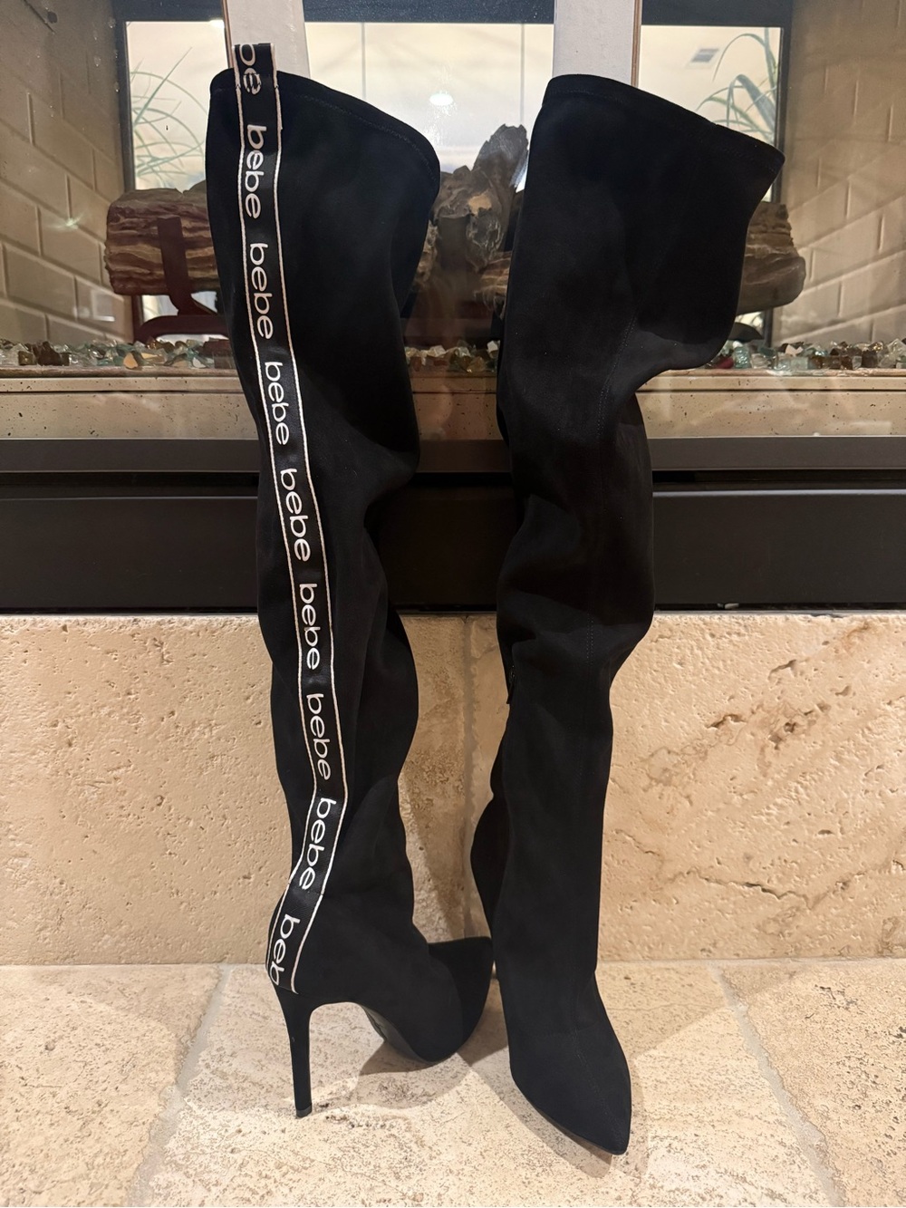 Bebe Anastasia Black Over-the-Knee Stiletto Boots | Logo Tape | Size 7.5